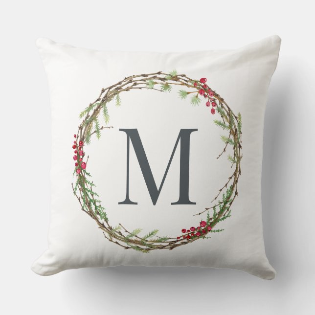 Rustic Winter Greenery Berries Monogram Wandan Kudde (Framsida)