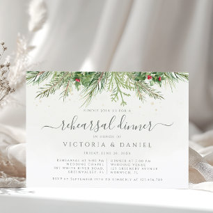 Rustic Winter Greenery Berries Rehearsal Dinner Inbjudningar
