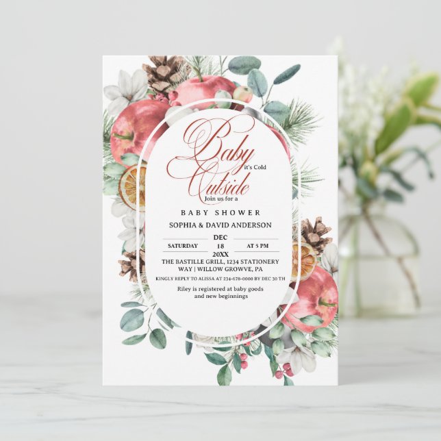 Rustic Winter Greenery Cold Outside Baby Shower  Inbjudningar (Stående Fram)