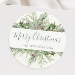 Rustic Winter Greenery God jul Runt Klistermärke<br><div class="desc">Vackra klistermärken med handmålade botaniska vattenfärgade illustrationer av vintergrey,  gräs och grenar,  koner och häckbär. Gör ett underbart tillägg till julklappar eller som förseglingar till helgdag.</div>