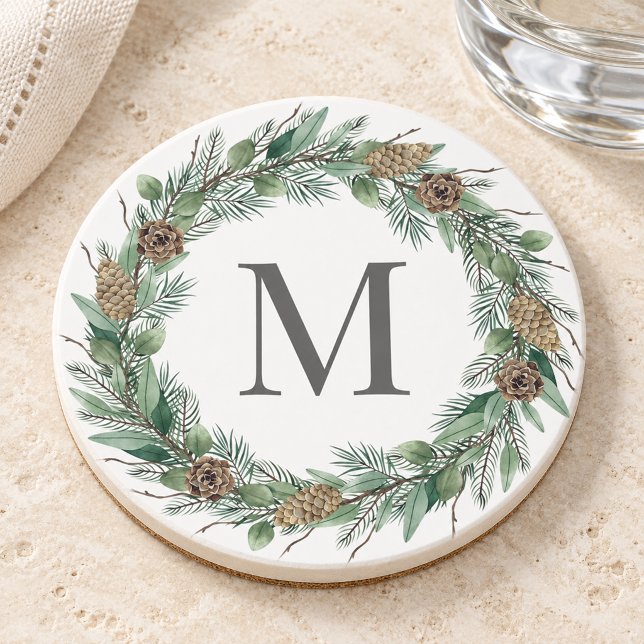 Rustic Winter Greenery Monogram initial utandning Underlägg (Skapare uppladdad)
