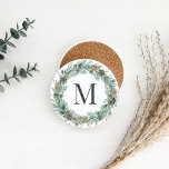 Rustic Winter Greenery Monogram initial utandning Underlägg<br><div class="desc">Konstruktionen av drycken Coaster i sandsten av elegant har en rustik chic-krans av vintern vattenfärgsgrej som bildar en familj/efternamn som första monogram. Innehåller en vit bakgrund färg.</div>