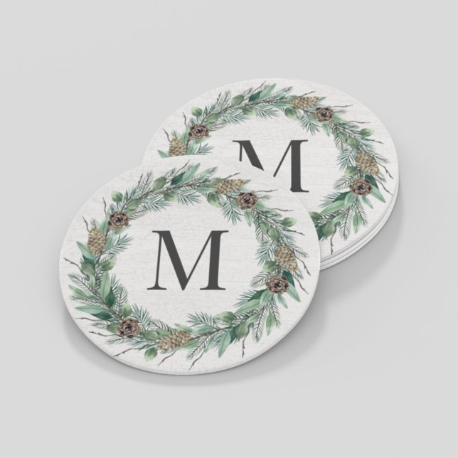 Rustic Winter Greenery Monogram initial utandning Underlägg Papper Rund (Skapare uppladdad)