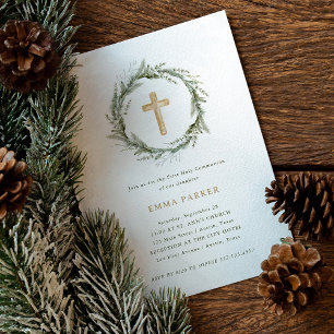 Rustic Winter Greenery WandeFirst Heliga Communion Inbjudningar