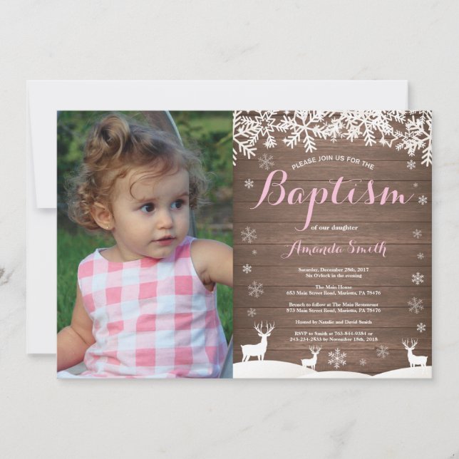 Rustic Winter Hjort Baptism Girl Foto Investigatio Inbjudningar (Framsida)