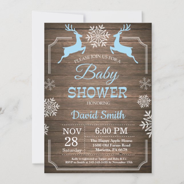 Rustic Winter Hjort Snowflake Boy Shower Inbjudningar (Framsida)