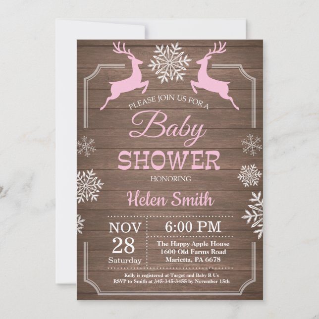 Rustic Winter Hjort Snowflake Girl Baby Shower Inbjudningar (Framsida)