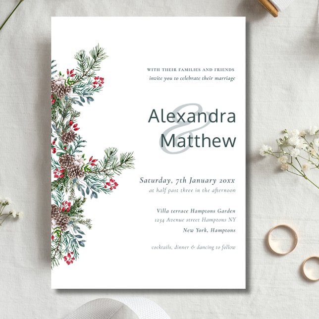Rustic Winter Holly Berries Bröllop Inbjudningar (Rustic Winter Holly Berries Wedding Invitation)