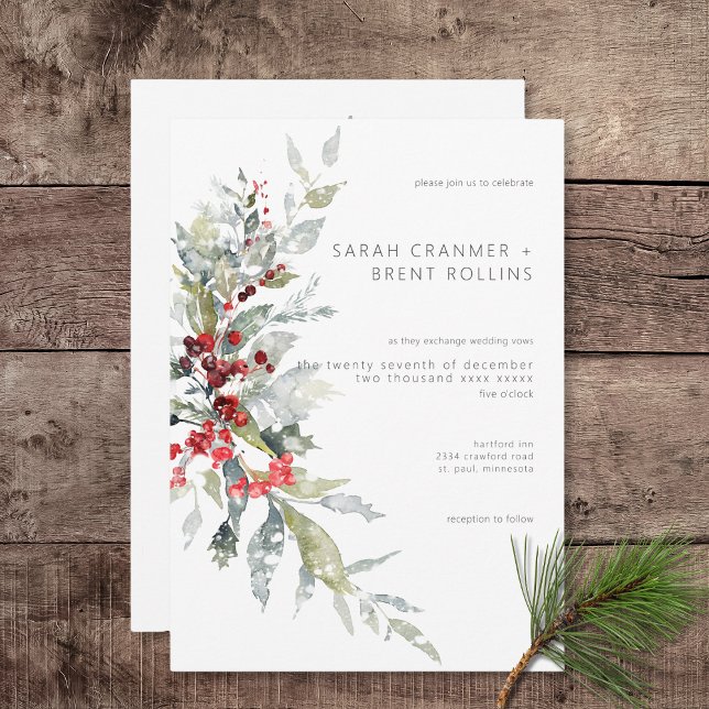 Rustic Winter Holly Berries & Snö Bröllop Inbjudningar (Rustic Winter Holly Berries & Snow Wedding Invitation)