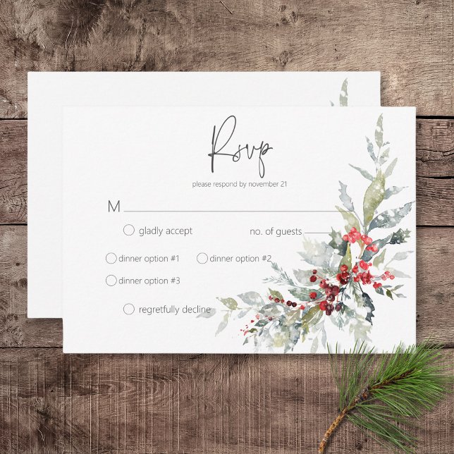 Rustic Winter Holly Berries & Snö Bröllop OSA Kort (Rustic Winter Holly Berries & Snow Wedding Response Card with Dinner Options)