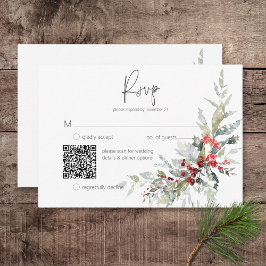 Rustic Winter Holly Berries & Snö Bröllop QR Code OSA Kort