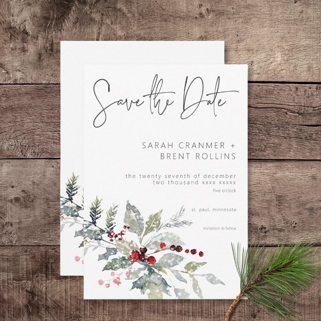 Rustic Winter Holly Berries & Snö Bröllop Spara Datumet (Rustic Winter Holly Berries & Snow Save the Date Card)