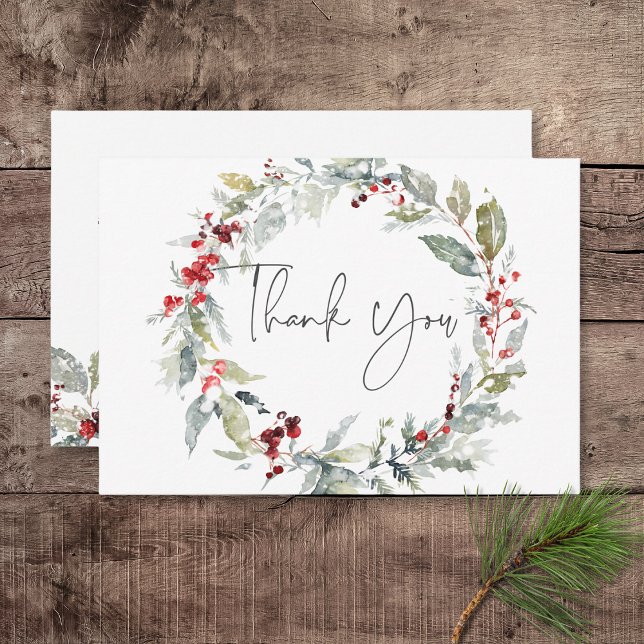 Rustic Winter Holly Berries & Snö Bröllop Tack Kort (Rustic Winter Holly Berries & Snow Wedding Thank You Card)