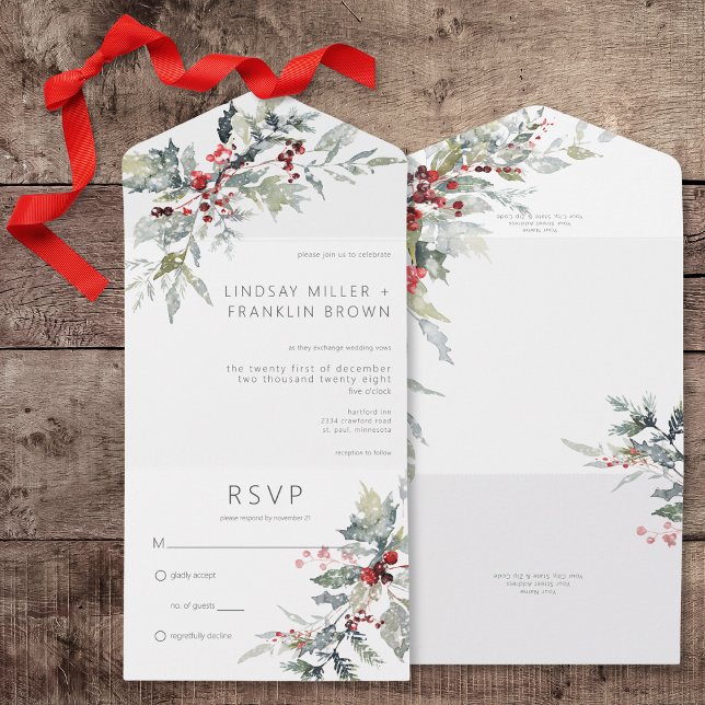 Rustic Winter Holly Berries & Snö No Middag (Rustic Winter Holly Berries & Snow All In One Wedding Invitation without Dinner Options)