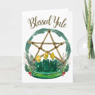 Rustic Winter Holly Candles Merry Blsed Yule Kort