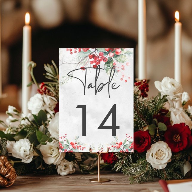 Rustic Winter Holly & Gräs Bröllop Bordsnummer (Rustic Winter Holly & Pine Wedding Table Number)