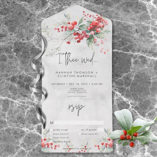 Rustic Winter Holly & Gräs Bröllop Middag (Rustic Winter Berries & Pine Wedding Dinner All In One Invitation)