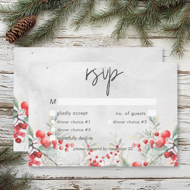 Rustic Winter Holly & Gräs Bröllop Middag OSA Kort (Rustic Winter Holly & Pine Wedding Dinner RSVP Card)