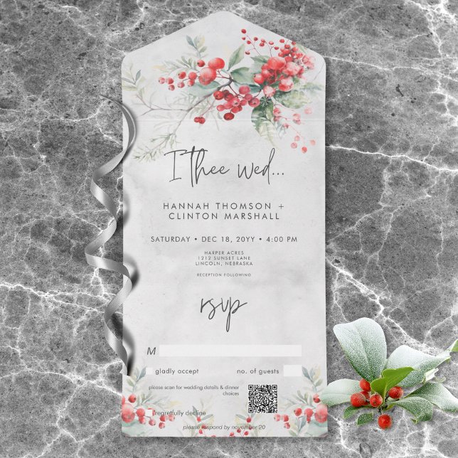 Rustic Winter Holly & Gräs Bröllop QR-kod (Rustic Winter Berries & Pine Wedding QR Code All In One Invitation)