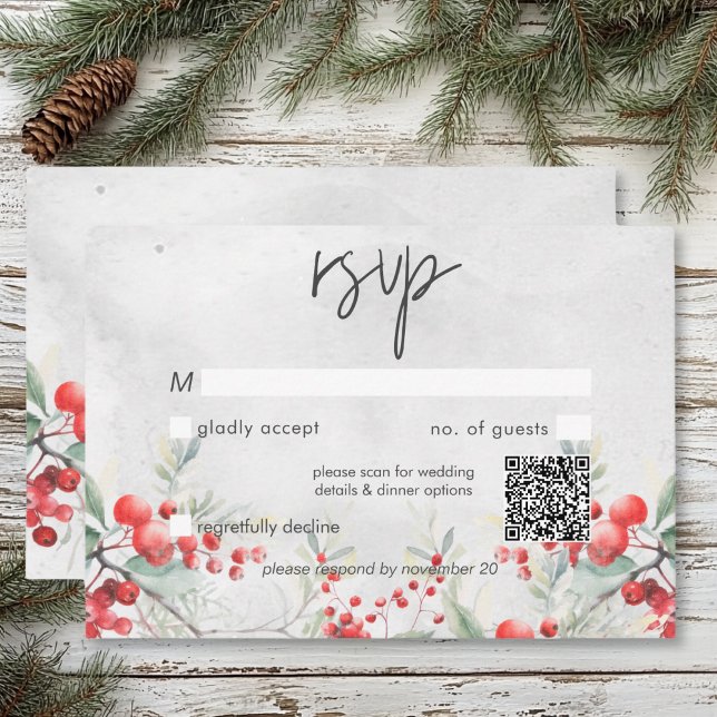 Rustic Winter Holly & Gräs Bröllop QR-kod OSA Kort (Rustic Winter Holly & Pine Wedding QR Code RSVP Card)