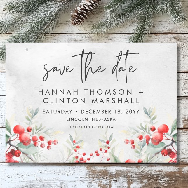 Rustic Winter Holly & Gräs Bröllop Spara Datumet (Rustic Winter Holly & Pine Wedding Save The Date)