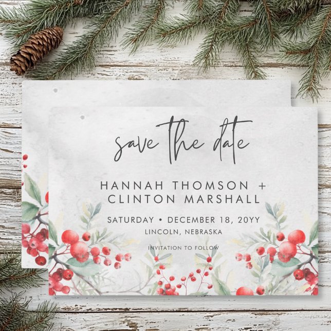Rustic Winter Holly & Gräs Bröllop Spara Datumet (Rustic Winter Holly & Pine Wedding Save The Date)