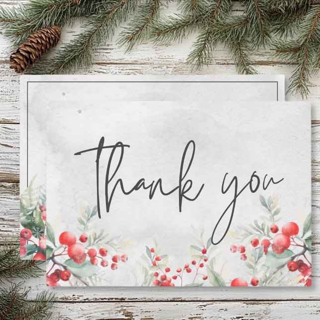 Rustic Winter Holly & Gräs Bröllop Tack Kort (Rustic Winter Holly & Pine Wedding Thank You Card)