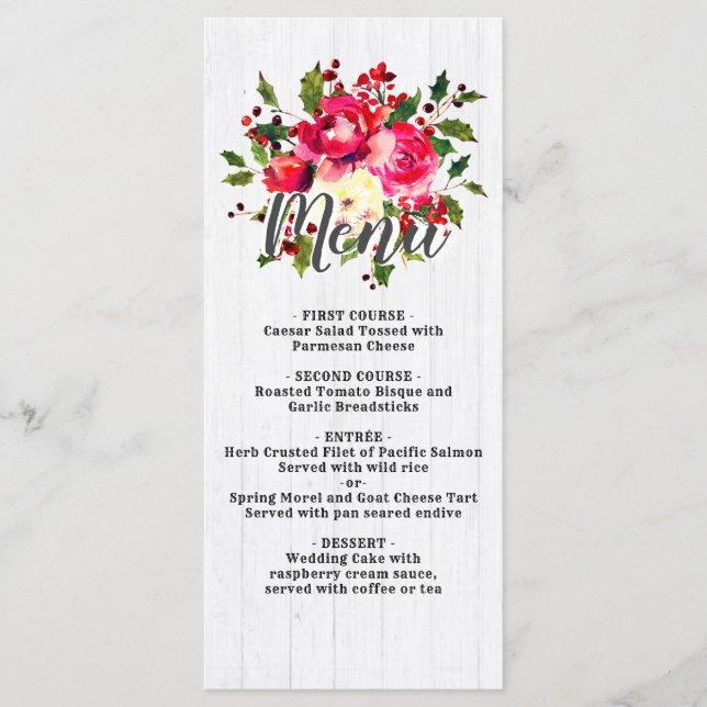 Rustic Winter Holly White Wood Bröllop Menu Meny (Framsida)