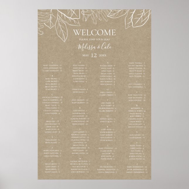 Rustic Winter Kraft Alfabetical Seating Chart Poster (Framsidan)