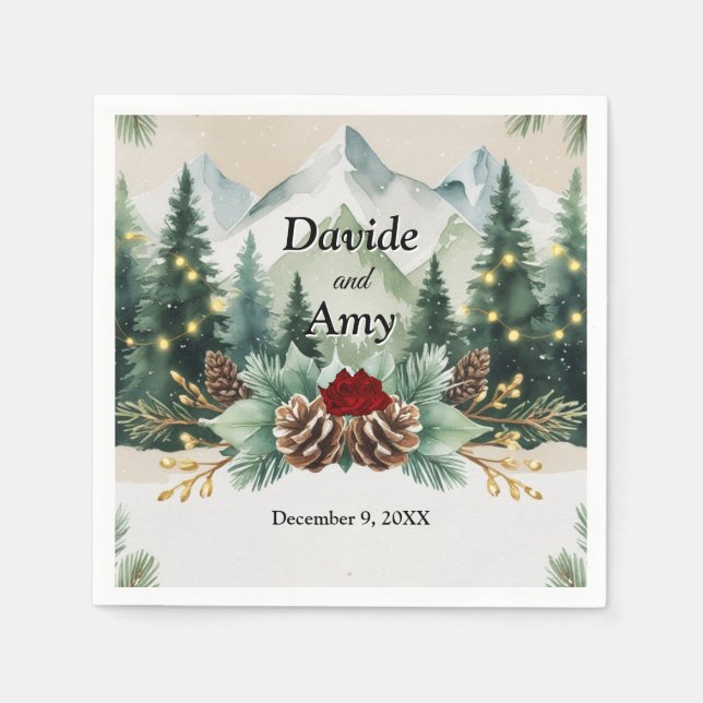 Rustic Winter Mountain Bröllop| Pinecones Pappersservett (Framsidan)