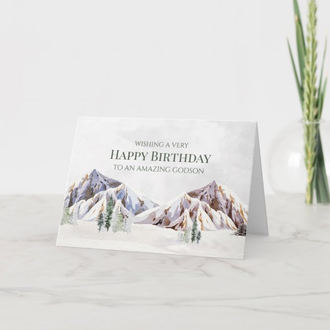 Rustic Winter Mountain Happy Birthday Godson Card Tack Kort (Framsida)