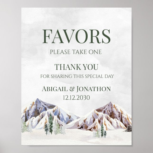 Rustic Winter Mountain Wedding Favors Sign Poster (Framsidan)