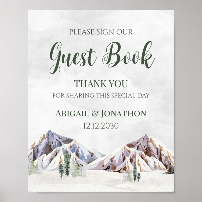 Rustic Winter Mountain Wedding Guest Book Sign Poster (Framsidan)