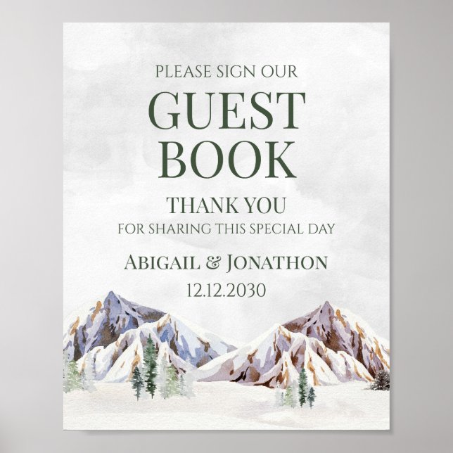 Rustic Winter Mountain Wedding Guest Book Sign Poster (Framsidan)