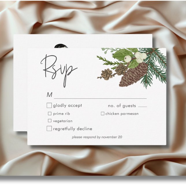 Rustic Winter Nature & Gräs Middag OSA Kort (Rustic Winter Nature & Pine Dinner RSVP Card)