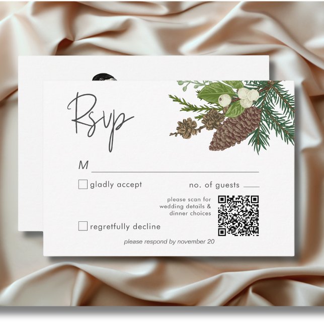 Rustic Winter Nature & Gräs QR-kod OSA Kort (Rustic Winter Bird & Pine Bouquet Wedding Invitation)