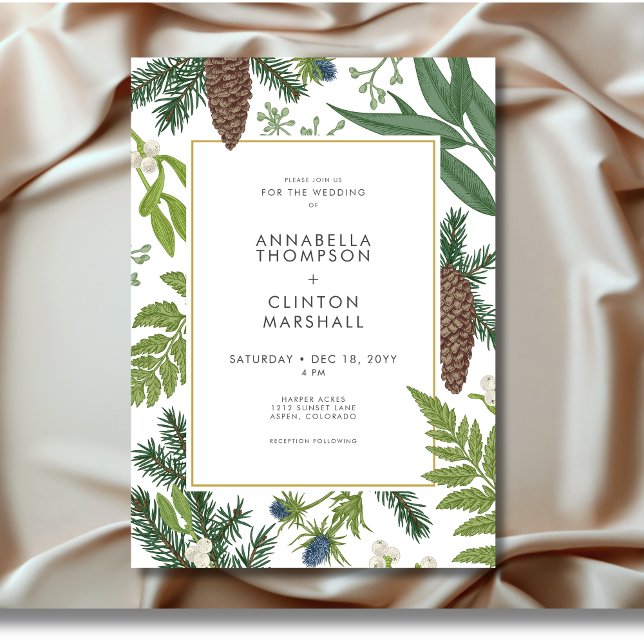 Rustic Winter Nature & Gräs Ram Bröllop Inbjudningar (Rustic Winter Nature & Pine Frame Wedding Invitation)
