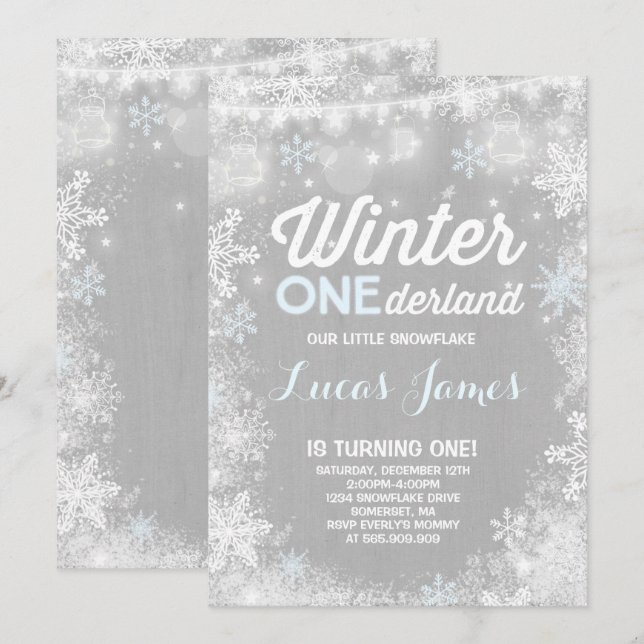 Rustic Winter ONEderland Birthday Inbjudan Blue (Fram/baksida)