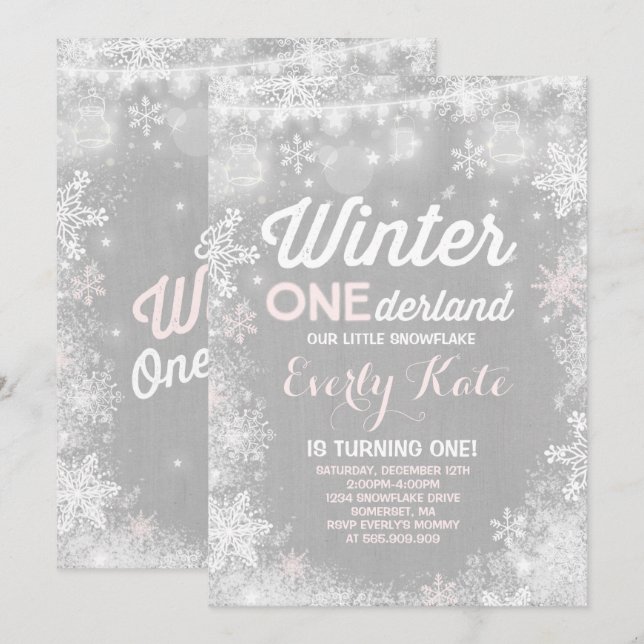 Rustic Winter ONEderland Birthday-inbjudan Inbjudningar (Fram/baksida)