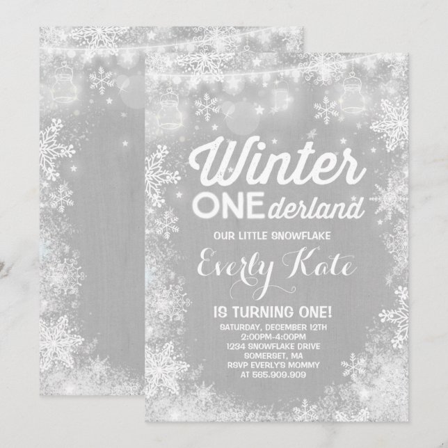 Rustic Winter ONEderland Birthday Investigation Wh Inbjudningar (Fram/baksida)