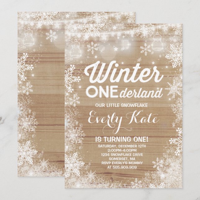 Rustic Winter ONEderland Birthday Investigation Wh Inbjudningar (Fram/baksida)