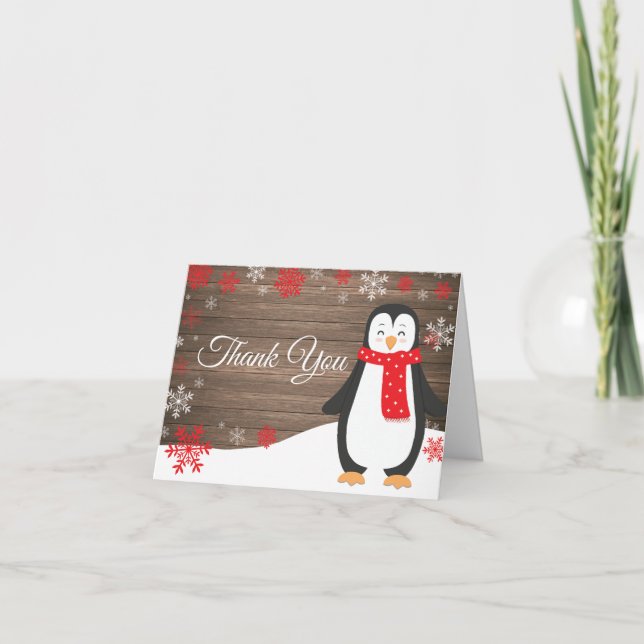 Rustic Winter Penguin Red Snowflake Tack Kort (Framsida)