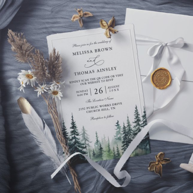 Rustic winter pine trees Budget QR Code Wedding Inbjudningar (Skapare uppladdad)