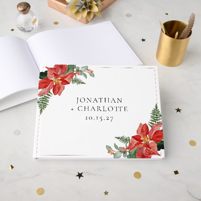 Rustic Winter Poinsettia Red Christmas Wedding Gästböcker (Framsida Öppen)