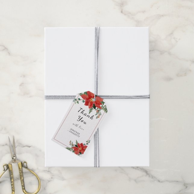 Rustic Winter Poinsettia Red Christmas Wedding Presentetikett (Med Snöre)
