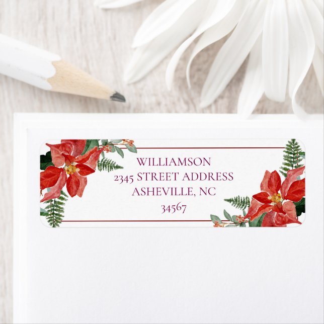 Rustic Winter Poinsettia Red Christmas Wedding Returadress Etikett (Insitu)