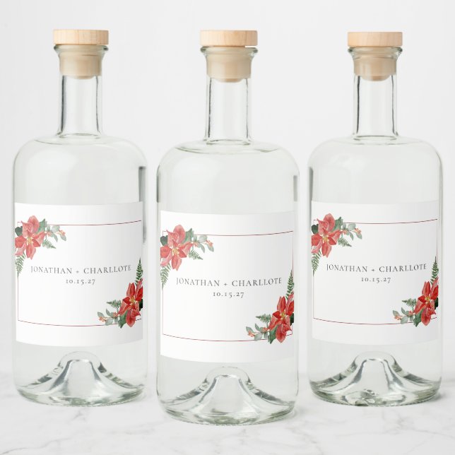Rustic Winter Poinsettia Red Christmas Wedding Spritflaskor Etikett (Flaskor)