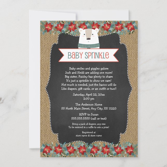Rustic Winter Polar Bear Baby Sprinkle inbjudan (Framsida)