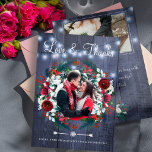 Rustic Winter Red Blommigt Bröllop Navy Tack<br><div class="desc">Tack för det vinter-rustiska lantbrukarhuset bröllop med ett trendig med vit och röd burgunk med vattenfärg ro blommor och blommor med säsong gräs grenar med grönt och hullbär över en mörk med bakgrunden av laved. Personliggör den med 2 foton (en kvadrat på framsidan och ett landskap på baksidan), med namnteckning...</div>