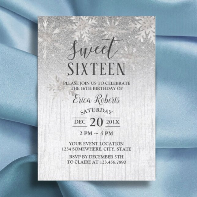 Rustic Winter Silver Snöflingor Sweet 16 Party Inbjudningar (Skapare uppladdad)